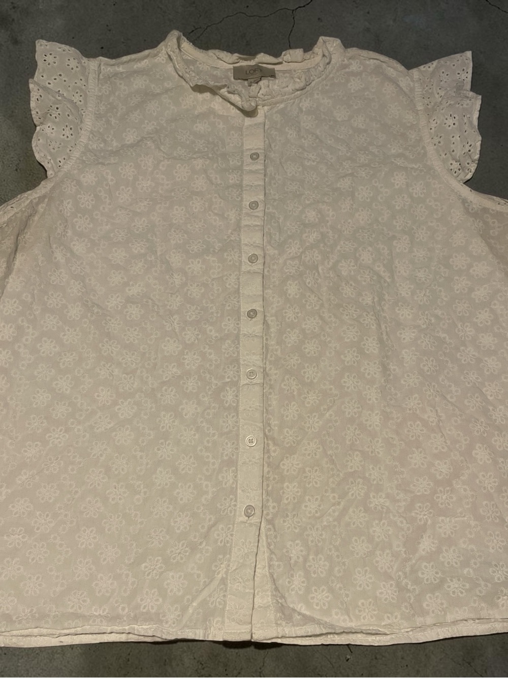 LOFT White Eyelet Floral Button-Front Ruffle Sleeve Blouse